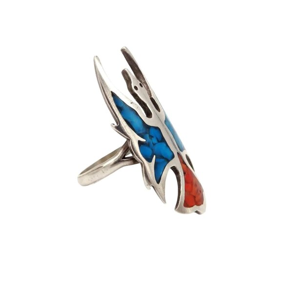Vintage Navajo Sterling Silver Native American Peyote Bird Coral Turquoise Ring - Picture 5 of 11